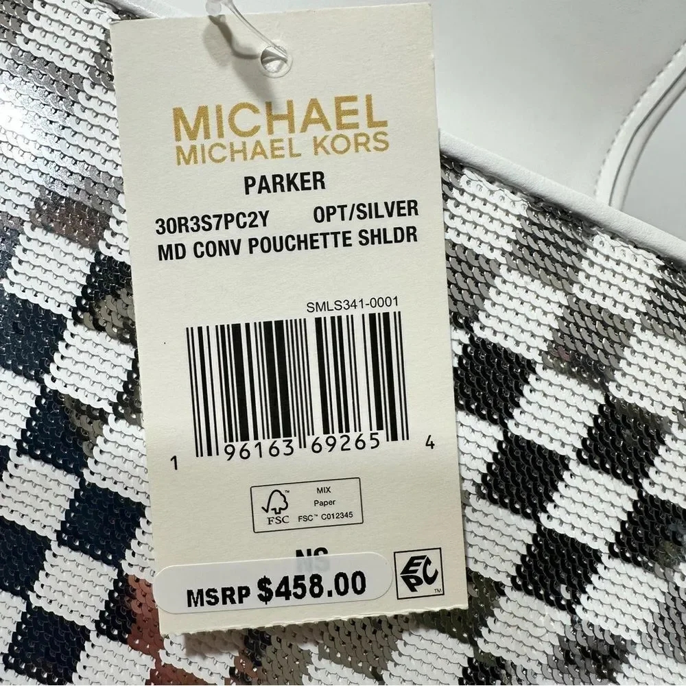 HTF MICHAEL KORS PARKER CHECK SILVER POUCHETTE CONVERTIBLE SHOULDER BAG NWT - Picture 9 of 13